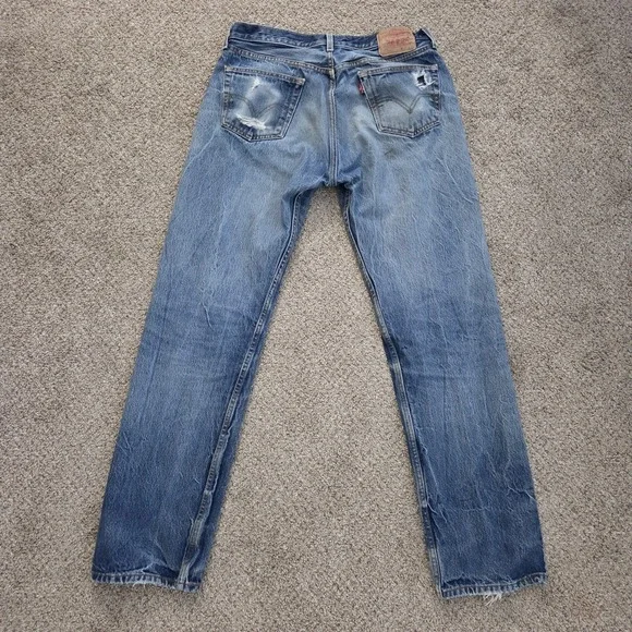 Levis 501 Jeans Mens 36x38 Blue Denim Straight Leg Button Fly Distressed Stained - Picture 9 of 16
